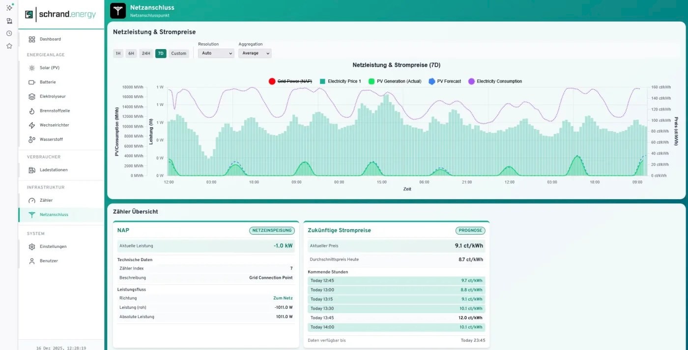 Netzanschluss-Ansicht der Smart System Control: Netzleistung und Strompreise mit Prognose f&uuml;r die kommenden Stunden