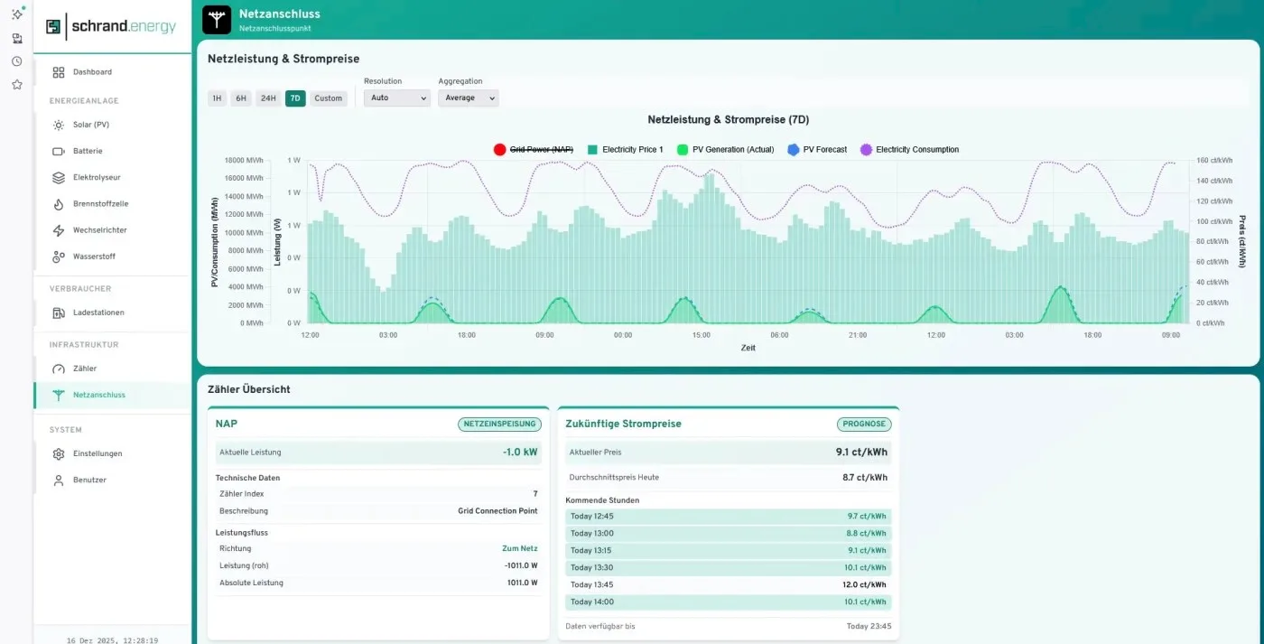 Netzanschluss-Ansicht der Smart System Control: Netzleistung und Strompreise mit Prognose f&uuml;r die kommenden Stunden